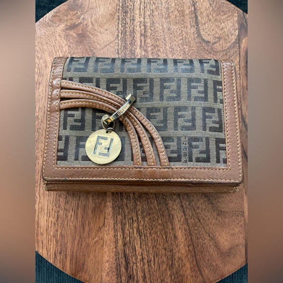 FENDI Zucchino Canvas Bifold Wallet w/Gold Tone Charm Embellishment - Picture 1 of 12